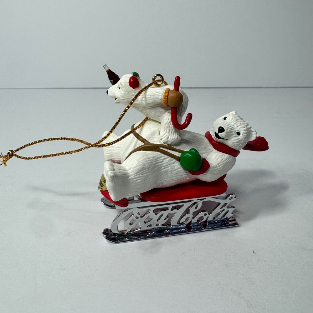 Vintage 1997 Coca-Cola Polar Bears Sledding Christmas Ornament Silver Logo Base